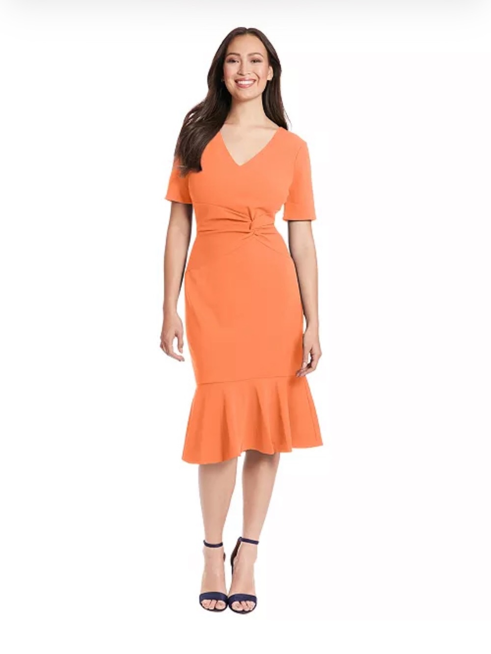 London Times Orange V-Neck Sheath Dress with Flounce Hem